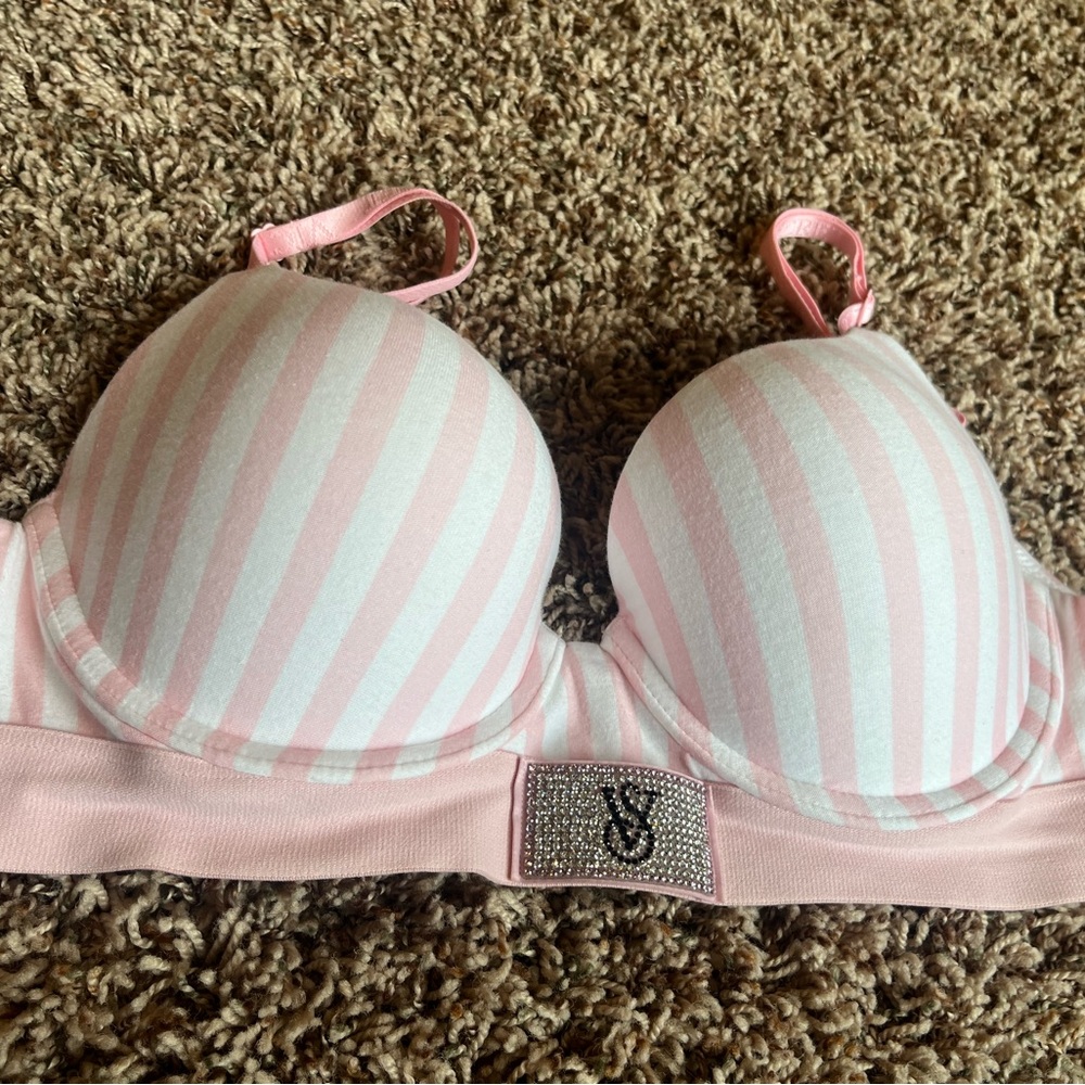 Pink Stripe Padded Bra with Rhinestone Accent